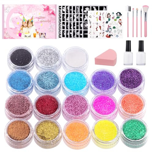 Glitzertattoos Kinder Set,Glitzer Tattoo Mädchen für Halloween | Temporäre kindertattoos,18 Farben Glitzerpulver,115 Schablonen,Geschenke für Party Geburtstag Kindertag Weihnachten