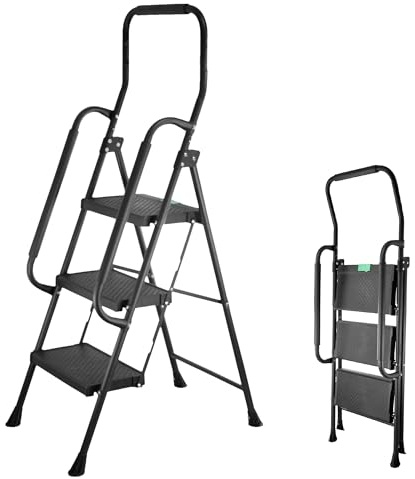 FISHTEC Escabeau 3 Marches Pliable avec Garde-Corps et Rampes Sécurité - Marchepied Acier Robuste Antidérapant Charge 150Kg - Échelle Stable pour Bricolage Maison et Rangement