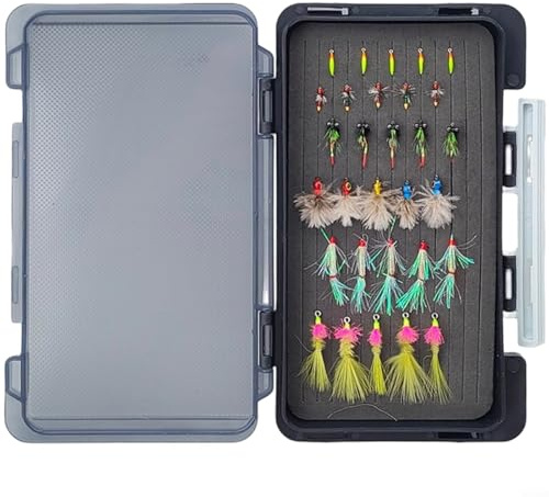 Crabop Set di esche da pesca a mosca, 31 pezzi, mosche secche bagnate a mano, con ganci in acciaio al carbonio, in scatola di immagazzinaggio per pesca alla trota e spigola (TZ00430)