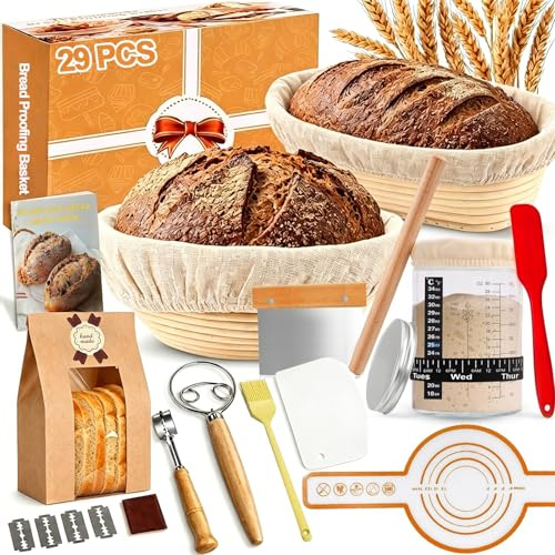 Sauerteig Starter Set, 29-teiliges Brot Backen Zubehör mit 2 Gärkörbchen | (23cm Rund & 25cm Oval), 700ml Sauerteig Glas, Komplettset Brot Gärkorb für Einsteiger & Profis, Ideales Backgeschenk