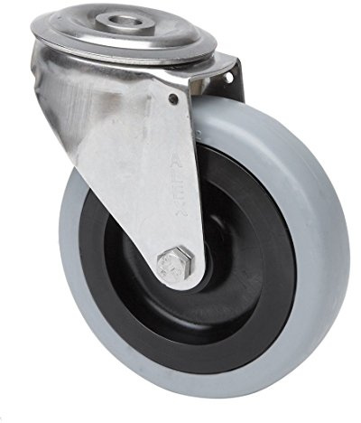 Transportgeräterolle Edelstahl 100 mm Rad mit Gummibereifung grau-spurlos Rückenloch Lenkrolle V2A INOX Edelstahlrolle Polyamidrad Gummi Vollgummi Vollgummibereifung
