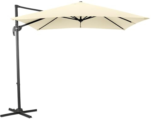 CHRISTOW 2.5m Cantilever Parasol – Cream, Large Banana-Style Umbrella for Garden Patio, Square Polyester Overhanging Canopy, UPF30+ UV Protection, Crank Handle, Tilt Function, 360° Rotation