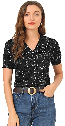 Allegra K Damen Oberteil Puffärmel Bubikragen Elegant Vintage Punktet Shirt Polka Dots Bluse Schwarz XL