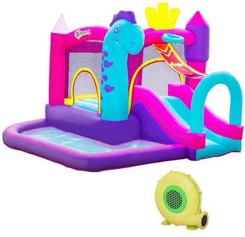 Outsunny Château Gonflable avec Toboggan 300L x 270l x 200H cm Multicolore | Trampoline, Aire de Jeux, Piscine Enfant, Panier, Jusqu'à 3 Enfants +3 Ans, Gonfleur, Sac de Transport, Souffleur 350W Inclus