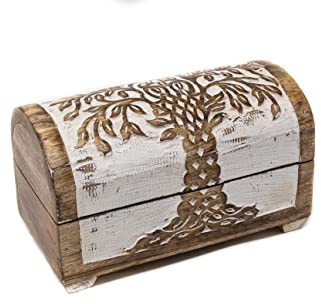 Kunstversteck Schatzkiste Baum des Lebens Design 2, massive Holz-Schatulle Dekobox 20,5 x 11 x 12,5 cm, white wash