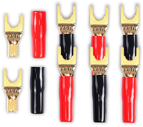 MEIRIYFA Y-Gabelstecker für Lautsprecherkabel, 8 Stück, vergoldeter Y-Stecker für 45-Grad-Y-Gabelstecker, für DIY-Lautsprecherkabel (rot und schwarz)
