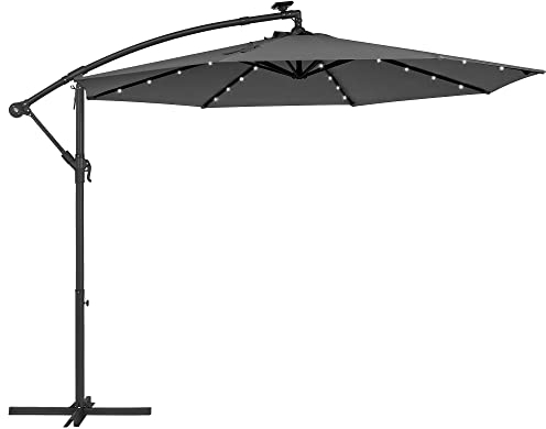 SONGMICS Sonnenschirm mit LED-Solar-Beleuchtung, Ampelschirm 300 cm d, 32 LED-Lämpchen, mit Ständer, Sonnenschutz Balkon, Balkonschirm, UPF 50+, mit Kurbel, für Terrasse, Garten, grau GPU118G01