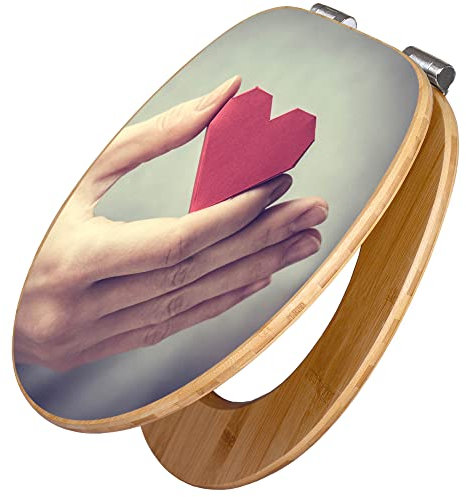 banjado Design WC Sitz Bambus Absenkautomatik 45,8x37,5cm / Toilettendeckel mit Absenkautomatik Holz/hochwertiger Bambus Klodeckel/WC-Sitz für gängigen Toiletten/Motiv Hand Aufs Herz