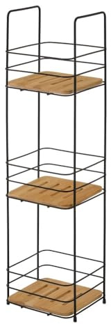 LOLAhome - Estantería organizadora de Metal Negro y Madera de bambú Natural de 16x15x63 cm. Incluye 3 cestas extraíbles y Asas. Mueble Auxiliar versátil para baño, Cocina o Dormitorio.