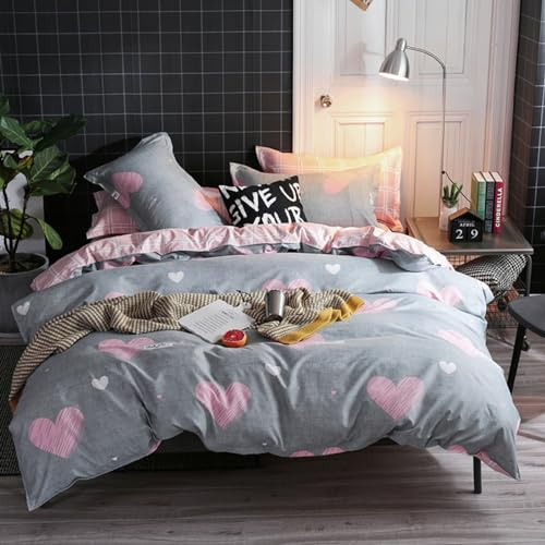 Freyamy Herz Bettwäsche 220x240 Herzen Rosa Grau Herzchen Bettwäsche Set | Aesthetic Bettwäsche, 3teilig Bettwäsche-Sets, Microfaser ÖKO-TEX Bettbezug mit Reißverschluss und 2 Kissenbezug 80x80cm