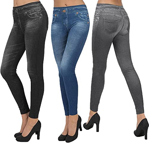 ShopINess Slim Damen-Jeggings Leggings aus Stretch-Jeans Blau, Grau, Schwarz, 3er-Pack, Mehrfarbig, L/XL