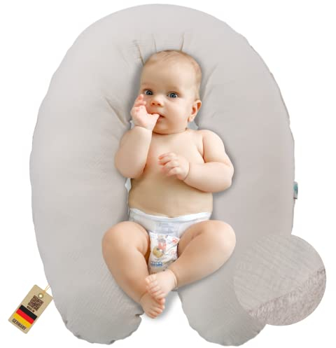sei Design Musselin Stillkissen XXL 190x30 Öko-Tex Seitenschläferkissen | Ergonomisches Schwangerschaftskissen Lagerungskissen | Bezug aus Musselin [Baumwolle] & Teddyplüsch