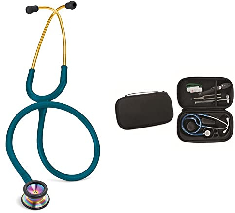 3M™ Littmann® Classic II Pediatric Stetofonendoscopio Blu Caraibi - Finiture Arcobaleno, 2153 & GIMA ASTUCCIO PORTA FONENDO - Colore Nero. Uso Professionale. Custodia rigida protettiva