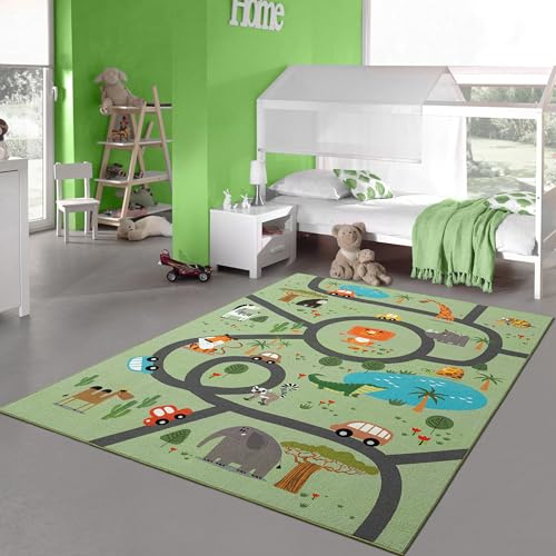 Teppich-Traum Teppich Kinderzimmer Kinderteppich rutschfest waschbar Spielteppich Safari Straße Autos Tiere grün Quadratisch 200 x 200 cm