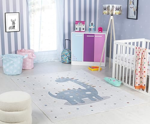 Livabliss Dinosaurier Kinder waschbar - Cartoon 160x213 cm, Waschbarer Kinderzimmer oder Babyzimmer, Krabbel oder Spiel - Babymatte für Jungen & Mädchen, Creme und Grau