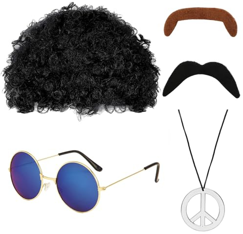 Hippie Accessoires, Hippie Kostüm Herren Set Afro Perücke Herren Schwarz Karneval Kostüm Perücke Herren Damen Sonnenbrille Friedenskette Bart 70er 80er Cosplay Disco Thema Party Wigs