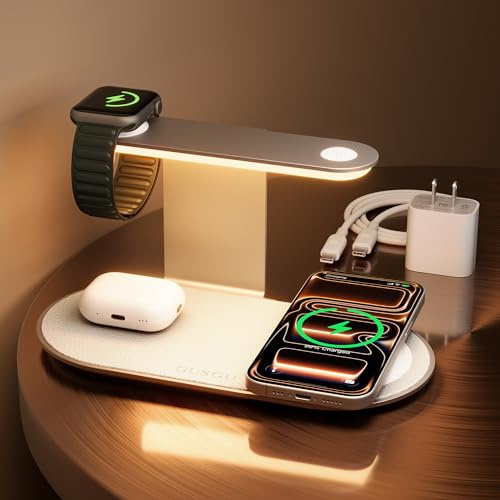 GUSGU 3 in 1 Charging Station with Three-Level Night Light, 15W Max Fast Charging, Wireless Charger for iPhone 15/14/13/12, iWatch S1-8/Ultra, AirPods(30W USB-C Charger Included), White