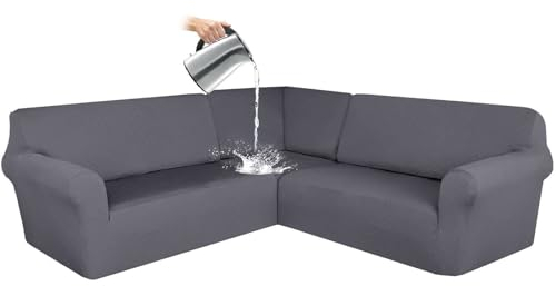 ZRCYXDW Wasserdicht ecksofa überzug, 3 Stück Sofabezug L Form 7 Sitzer Stretch L Form Sofahusse Schutz waschbar für Wohnzimmer-dunkelgrau-7 Sitzer
