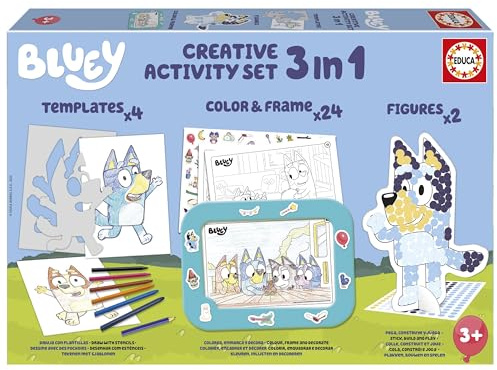 Educa - Set Creativo 3 en 1 Bluey con Tres Actividades: Pintar por números, creando 2 Figuras en 3D para Decorar y Dibujar Personajes de la Serie Bluey Mediante Plantillas. A Partir de 3 años (19887)