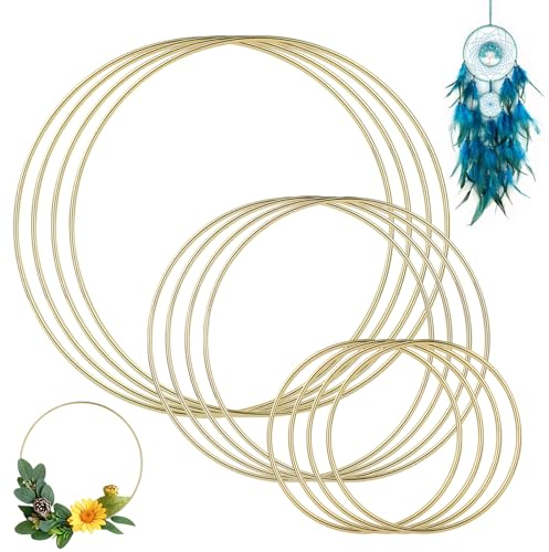 12 Pezzi Cerchi per Acchiappasogni, Cerchio Dorati Metallo 10 15 20cm, Cerchi in Ferro per Decorazioni,Anelli in Metallo per Decorazioni,Cerchi Metallo per Ghirlande,Acchiappasogni e Ghirlande Nuziali