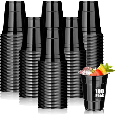 Dualshine Paquete de 100 vasos de plástico negro de 16 onzas, vasos desechables para fiestas, vasos de bebida resistentes, taza de Halloween para boda, cumpleaños, sabor de cerveza, servir aperitivos