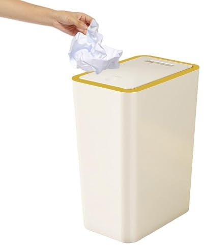 Poubelle 15L/10L avec couvercle - Blanc crème | Corbeille à déchets rectangulaire de type poussoir, en plastique avec couvercle supérieur à pression, pour cuisine, salle de
