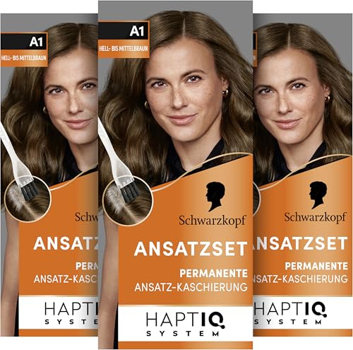 Schwarzkopf Ansatzset A1 Hell-bis Mittelbraun Stufe 3 (3 x 44,5 ml), dauerhafte Haarfarbe zum Haaransatz kaschieren in nur 10 Minuten, Ansatzfarbe für harmonische Übergänge