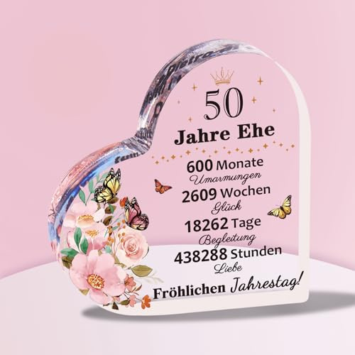 Keepelgant Geschenk Goldene Hochzeit, 50. Hochzeitstag 12cm-1cm Herzförmiges Transparentes Ornament, Goldene Hochzeit Geschenke Fur Papa, Mama