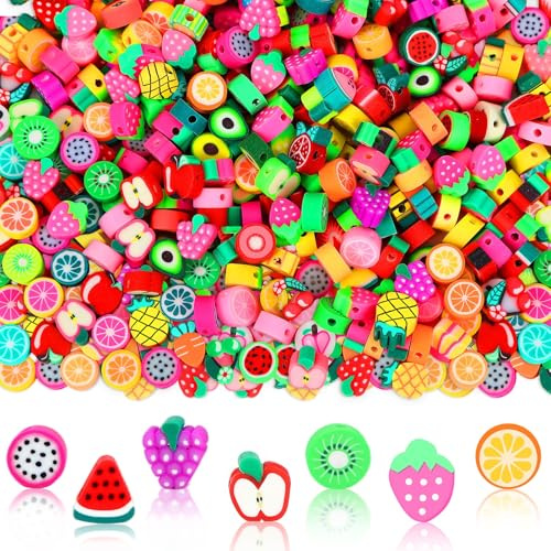 SEPGLITTER Obst Perlen Zum Auffädeln, 300 Stück Gemischte Polymer Clay Beads Früchten Bastelperlen für die Schmuckherstellung DIY-Armbänder Halsketten Zubehör Basteln Partyzubehör