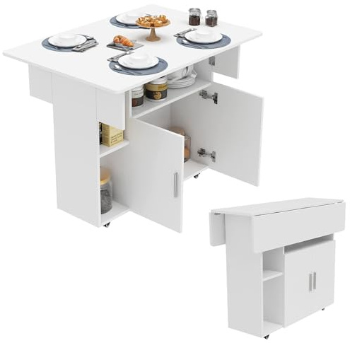 Chleby Credenza Cucina Credenza con piano di lavoro Mobili da cucina Soggiorno Moderno Armadietto da Terra con rotelle, Tavolo da pranzo pieghevole adatto per Cucina, Soggiorno, Bianco
