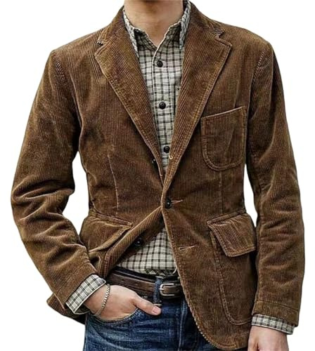 Giacca vintage da uomo in velluto a coste, cappotti sportivi casual vintage button down, giacca blazer in velluto a coste, Marrone, 3XL
