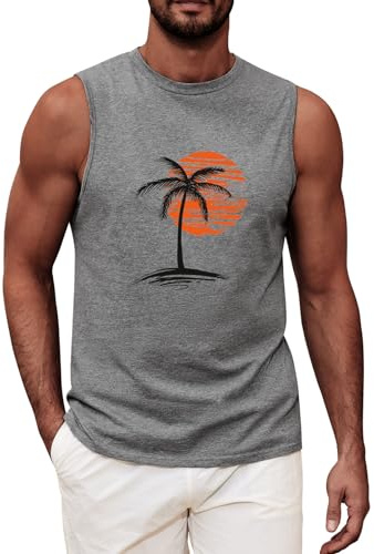 UMIPUBO Mens Top Vest Sleeveless T-Shirt Round Neck Printed Tank Top Summer Palm Tree Beach Holiday Male Casual Loose Lightweight Top(Grey B,XL)