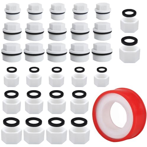 Trsnzul Tapones Roscado Macho 30 Piezas Tapón Ciego Set con Junta y Waterstop Tapones de Plastico para Tubería Tapón con Hexagonales Hembra Tubería de Rosca Macho para Grifos ((1-3/4-1/2 Pulgada)