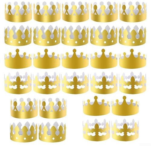 Goldfarbene Papierkronen, Partyhüte, 20 Stück, 4 Stile, verstellbar, wiederverwendbar, Königskronen für Geburtstag, Hochzeit, Krönung, Feier, Kinder und Erwachsene (28 Stück)