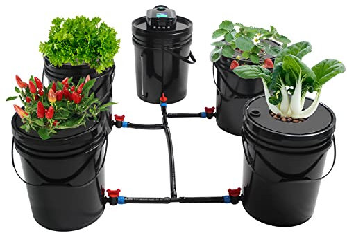 Sistema de Cultivo hidropónico DWC con Kit de riego por Goteo, Kit de Cultivo en Agua Profunda de 19.7 litros, Sistema de riego por Goteo con 4 baldes, Bomba de Aire, Manguera de Aire de 5.9 m, Bomba