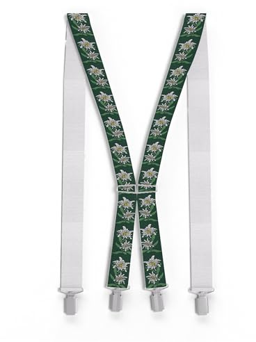 Zukunftsenkel Hosenträger mit Edelweiß-Muster, 3,5cm Breit, X-Form, Edelweiß 4 Starke Clips Herren Damen Skihose Arbeitshose Verstellbar, Elastisch Fasnacht H-Form (Grün)