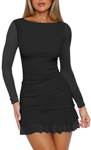 HOCILLE Women's Sexy Bodycon Boat Neck Mini Dresses Mesh Long Sleeve Ruched Ruffle Hem Club Party Short Dress, Small, Black
