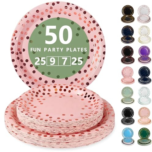 Nkaiso 50 Stück Rosa und Rosagold Einweg Pappteller | Partygeschirr Set Mit 23cm Party Teller, 18cm Dessertteller, Elegantes Einweggeschirr für Jubiläums, Hochzeiten, Geburtstag