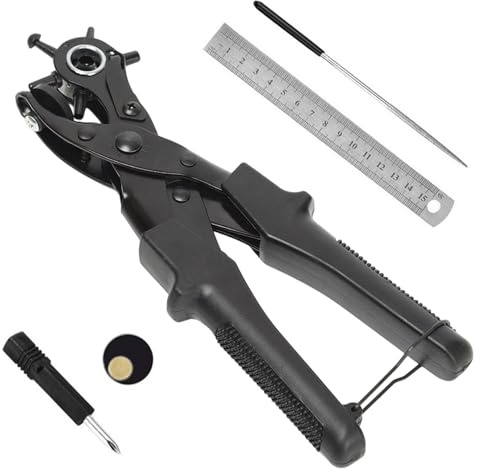 WEIZHIS Lochzange für Leder, Gürtel lochzange, Belt hole puncher,Drehlochzange, Leder Locher Kit, 6 Rundkopf Stahllineal Schleifstäbchen, Geeignet für DIY, Gürtel, Geldbeutel, Armbanduhrenbänder