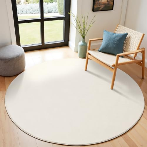 SHACOS Creme Teppich Rund 100 cm Fellteppich Kunstfell Teppich Flauschig Weicher Wohnzimmerteppich Waschbar Teppiche Anti-Rutsch-Rückseite, Felloptik, Für Fußbodenheizung geeignet