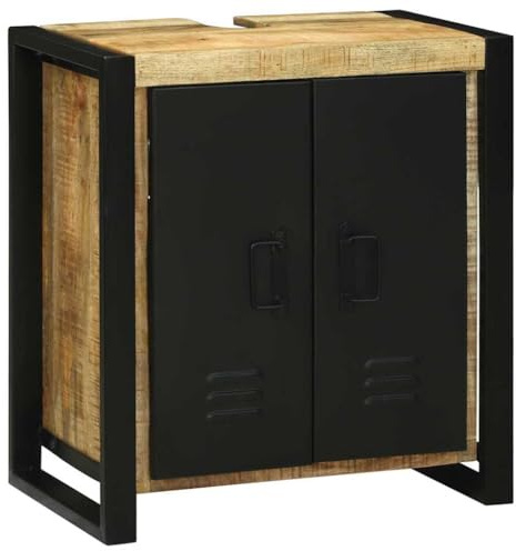 Hoopleep Mobile lavabo marrone, 55 x 35 x 60 cm, in legno massello mango, mobiletto da bagno rustico con porta per bagno, pratico spazio di archiviazione, design durevole