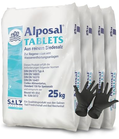 Alposal Salztabletten 100 kg Siedesalztabletten Regeneriersalz Enthärtersalz Poolsalz inklusiv 1 Paar ARNOMED Einweghandschuh