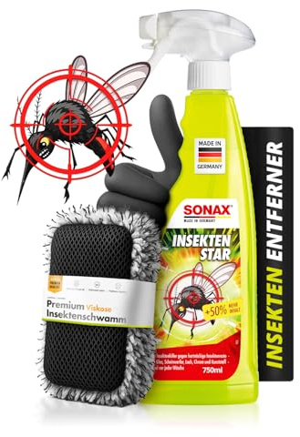 Insektenentferner Set: SONAX InsektenStar 750ml + Insektenschwamm + Handschuhe –Insektenentferner löst schnell & schonend selbst hartnäckige & angetrocknete Insektenverschmutzungen
