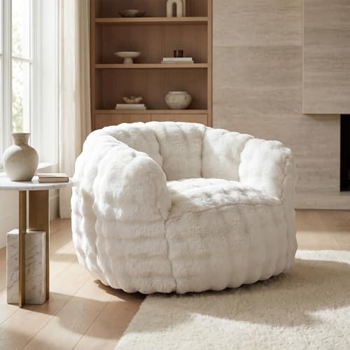 DAYALANE Fluffy Fur Bean Bag Chair, Single Round Bean Bag Sofa, White | Wrap-around Design, Skin-friendly Rabbit Fur, Removable & Washable Cover, for Living Room/Bedroom/Reading