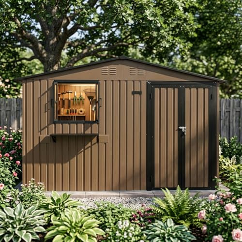 Casetta da giardino in metallo 313x255 cm, capanno degli attrezzi con finestre e serratura, Marrone + Nero (Brown+Black, 313x255x200 cm)