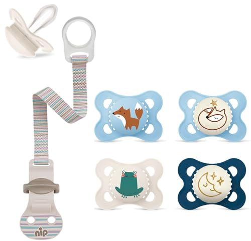 MAM Skin Soft, ciuccio in silicone 0-6 neutro, set da 2 pezzi, con scatola per il trasporto sterilizzata, con sonaglio e anello per le formiche con porta ciuccio