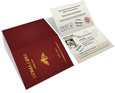 Personalisierte Hochzeitseinladungen goldene Hochzeit Goldhochzeit witzige Einladungen individuell - Reisepass Party Pass, A6 Kartonpapier, ab 10 bis 100 Stück