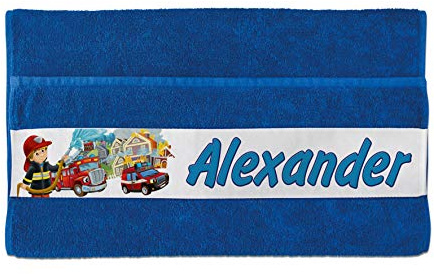 Unikatolo Gästehandtuch mit Name auf BORDÜRE | Feuerwehr, Kinderhandtuch blau, Kleiner Feuerwehrmann, Kindergarten Kita Geschenk Jungs (30 x 50 cm)