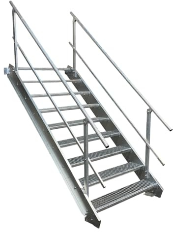 Stahltreppe Industrietreppe Aussentreppe Treppe 9 Stufen-Breite 80cm Variable Geschosshöhe 135-180cm vezinkt mit beidseitigem Geländer