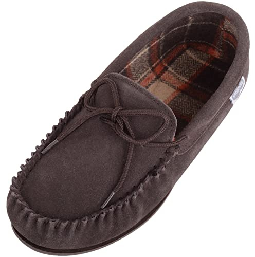 SNUGRUGS George Mens Suede Moccasin with Checked Cotton Inner and Rubber Sole - Brown - UK 10